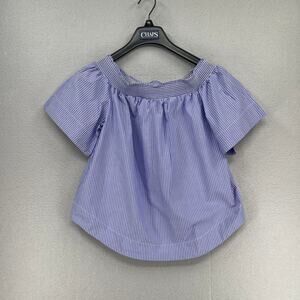 J Crew Top Womens 12 Blue White Striped Off Shoulder Cotton Summer Beach Preppy